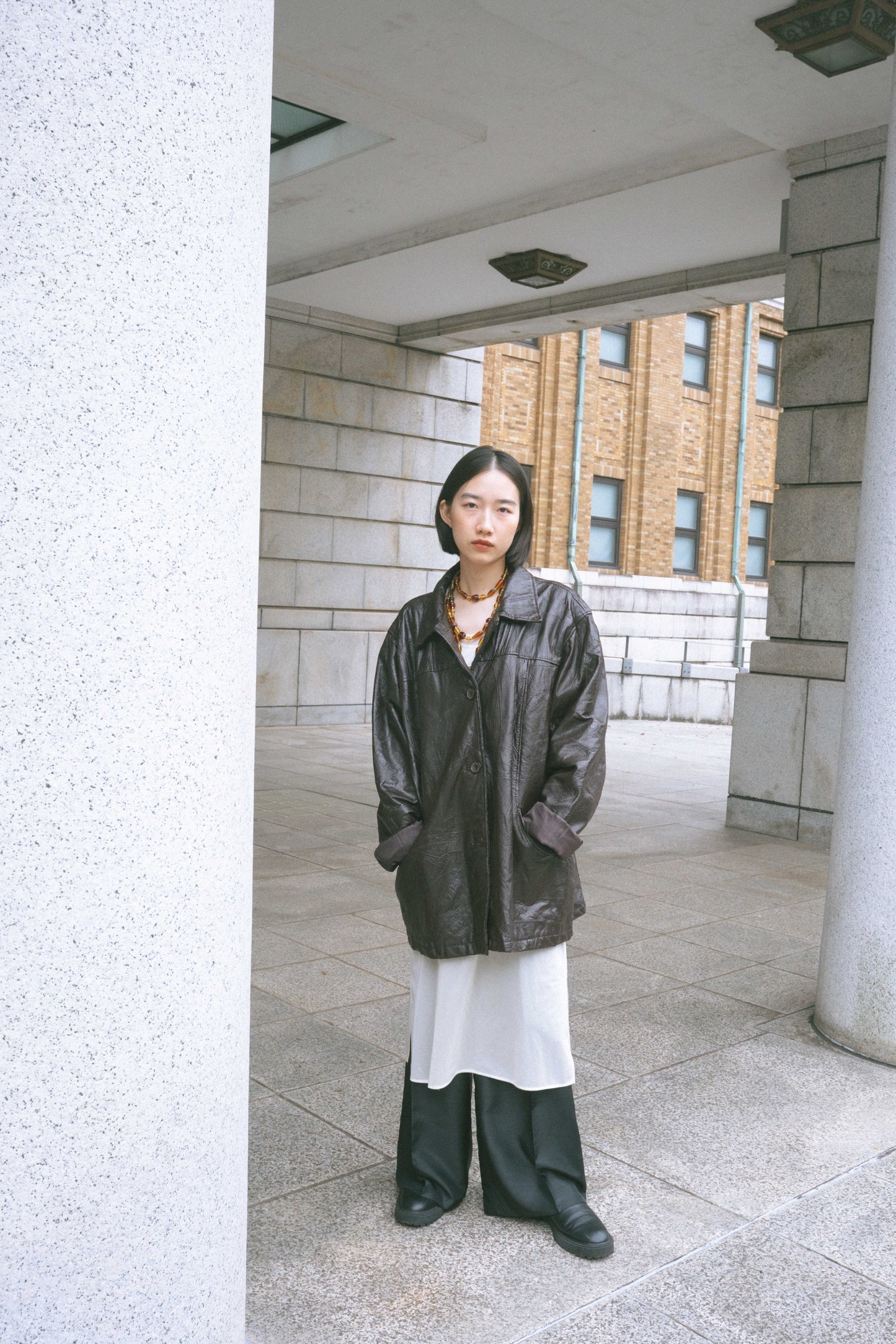 Elina - brown stitch leather jacket